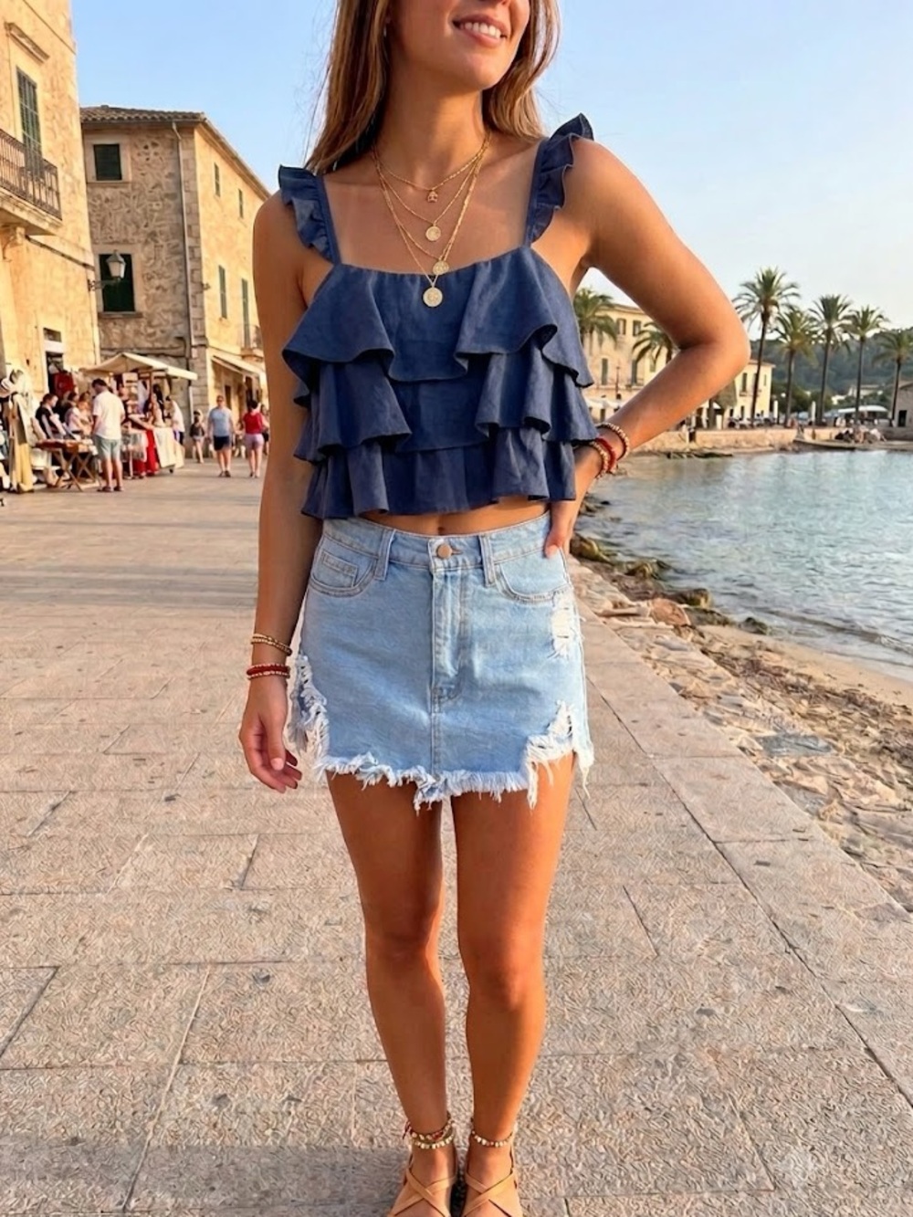 Vibrant Washed Light Blue Ripped Denim Mini Skort